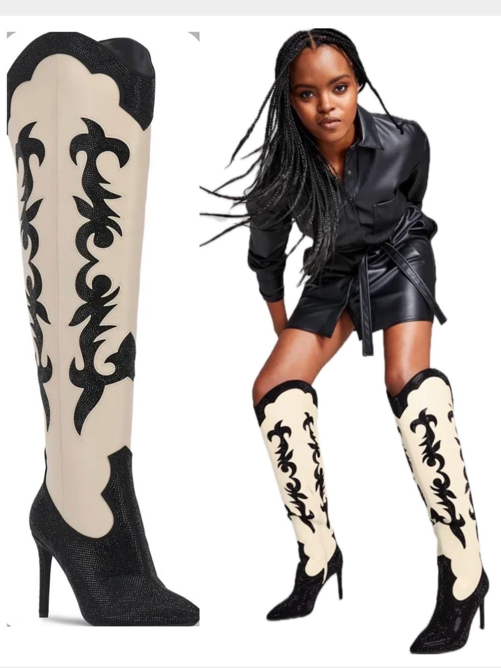 Tall Western-Inspired Knee Boots in Cream and Black